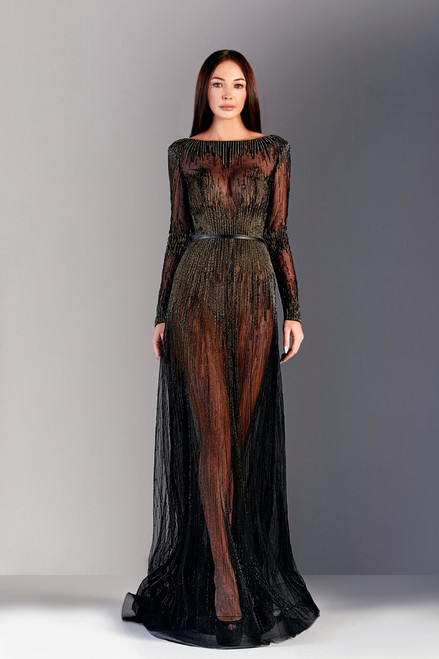 Edward Arsouni Beaded Long Sleeve Tulle Gown