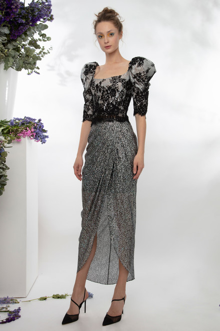 Gemy Maalouf Lace Corset-like Top And Shimmery Skirt