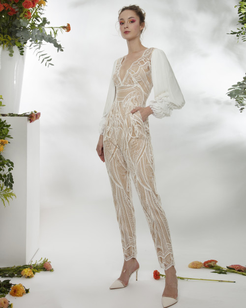 Shop Gemy Maalouf Jumpsuit With Laser-cut Sleeves