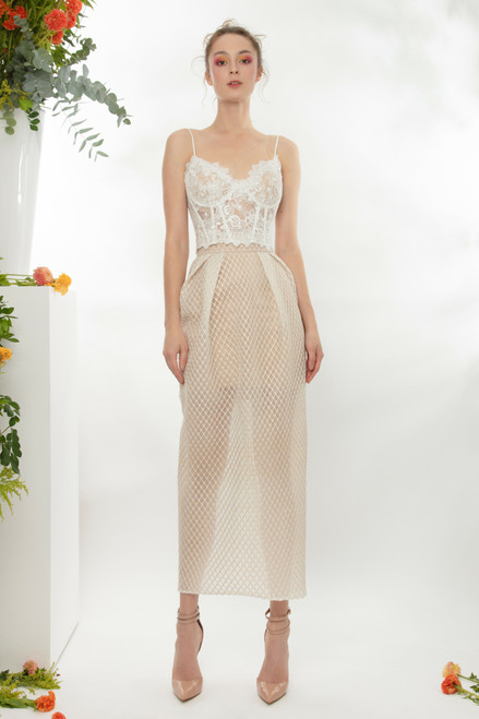 Gemy Maalouf White Lace Corset And Pencil Cut Skirt
