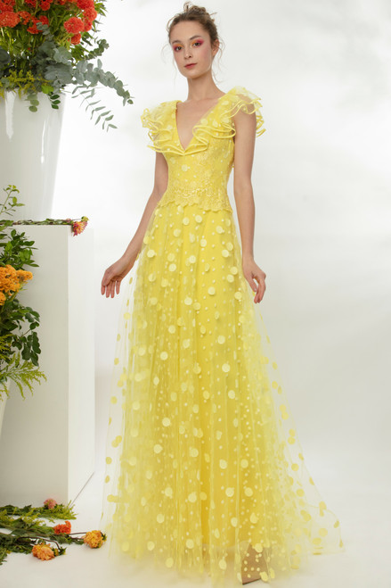 Gemy Maalouf Ruffled Neckline Gown In Yellow