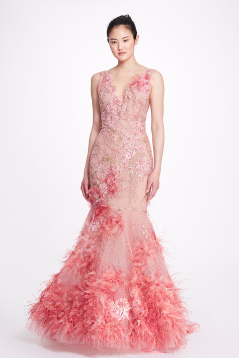 Feather Embroidered Trumpet Gown