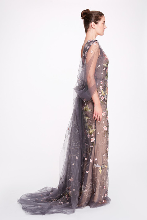 Beaded Neck Floral  Gown