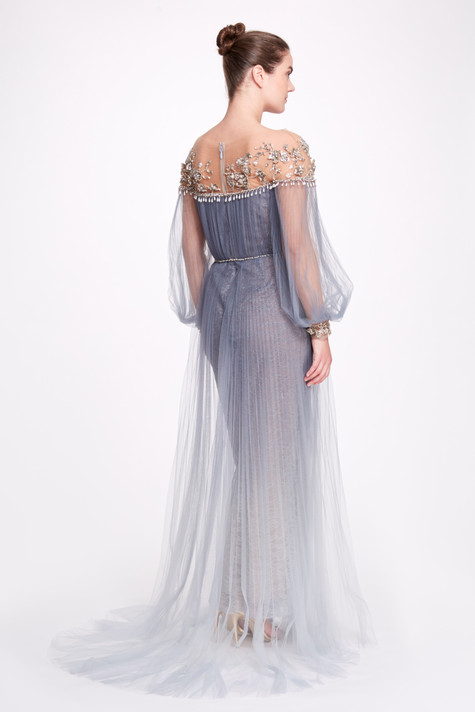 Marchesa Couture Embellished Sheer Illusion Neck Gown - District 5