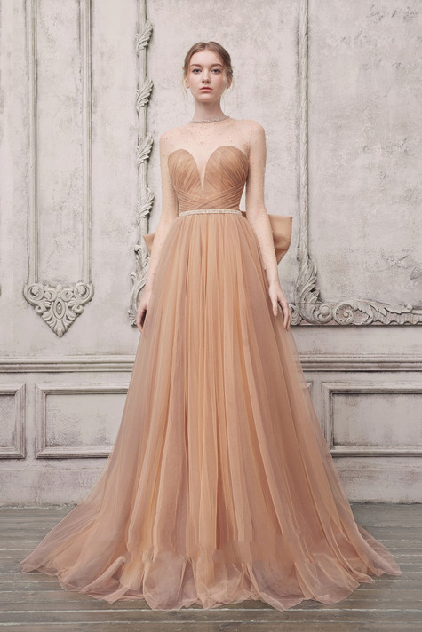 Long Sleeve Strapless Illusion Gown