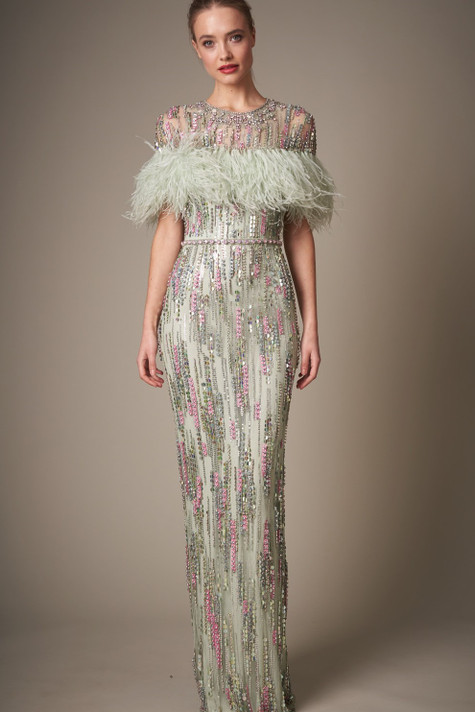 Marlene Beaded Feathered Tulle Gown