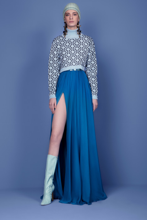Long Chiffon Gown with Knitted Sweater