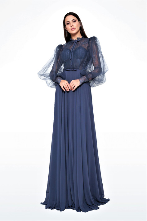 Long Sleeve Chiffon Lace Gown