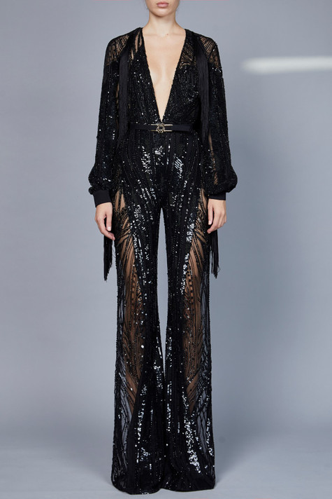 Bead Embroidered  Long Sleeve Jumpsuit