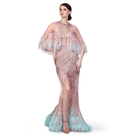 Feathered Slit Gown with Cape