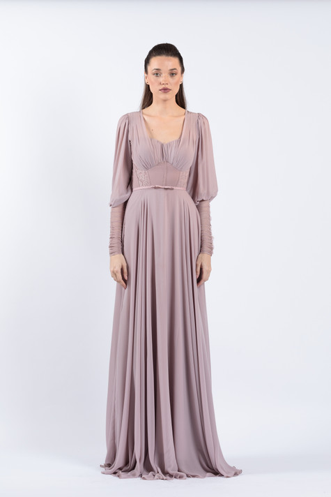 Long Sleeve Pleated Chiffon Gown