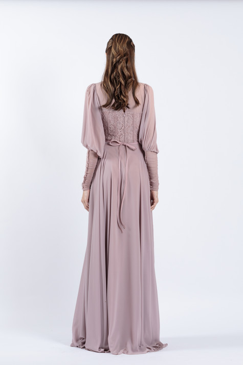 Long Sleeve Pleated Chiffon Gown