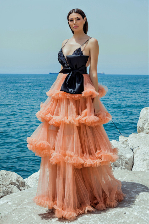 Tiered Ruffled Tulle Gown