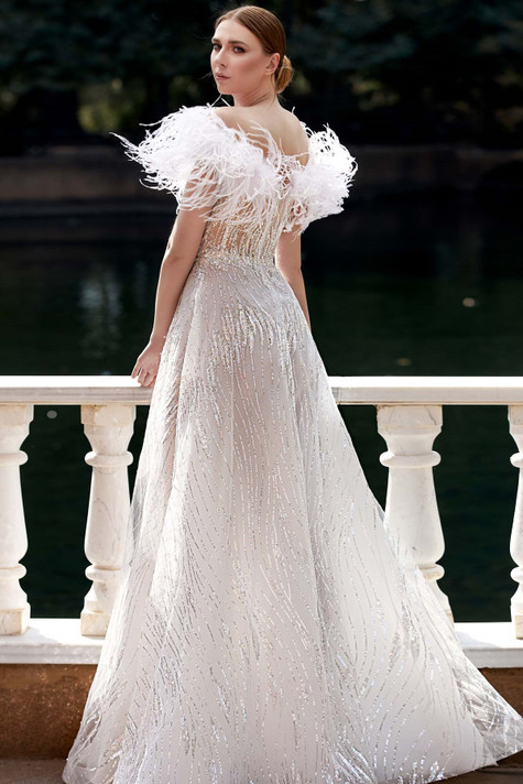 Novias Bridal | Beaded Lace Evening Gown With Feather Sleeves Mother of the  Bride Dress
