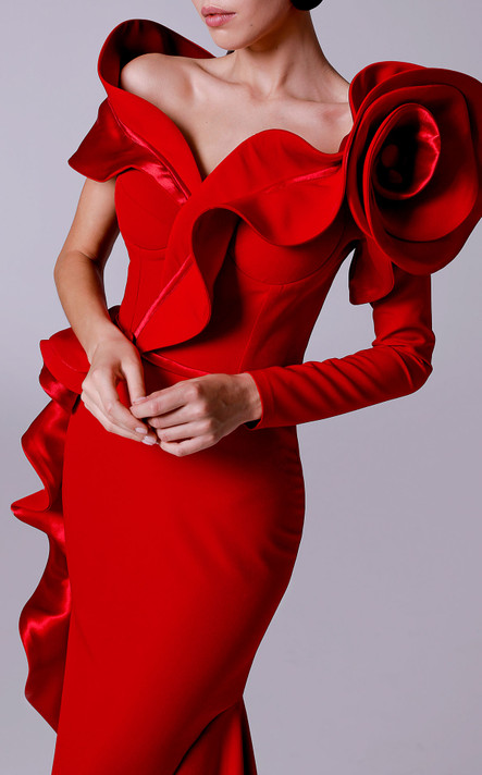 Ruffled Structure Red Gown