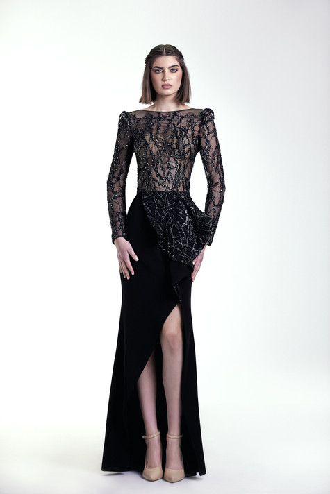 Black Beaded Tulle Gown
