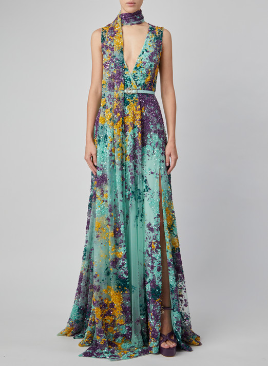 Belted Beaded Sleeveless Gown