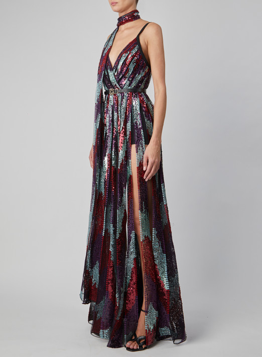 Multicolored Sequin Gown with Slit