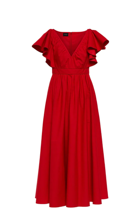 Ruffled Sleeve V-Neck Midi Dress