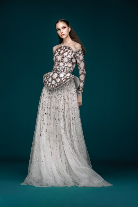 Fully Beaded Long Sleeve/ Peplum Tulle Gown