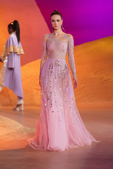Long Sleeve Illusion Beaded Gown