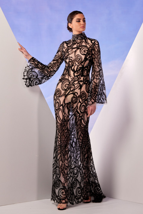 Long Sleeve Black Lace Gown