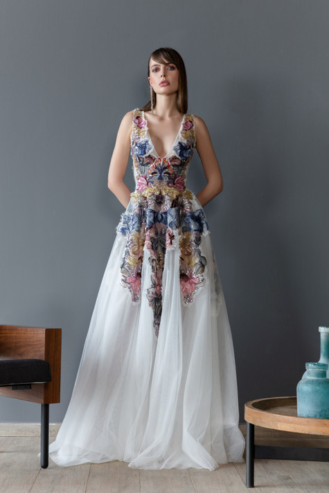 Sleeveless Tulle Linen Printed Gown