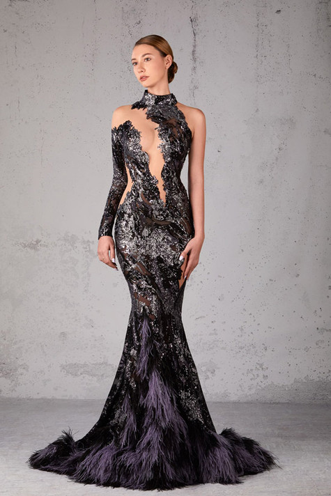 Feathered Embellished Mermaid Gown