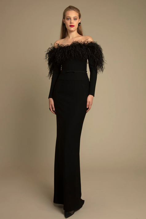 Feathered Off the Shoulder Gown