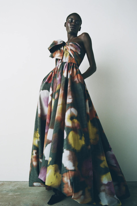 Iris Floral Warp Print Taffeta Gown