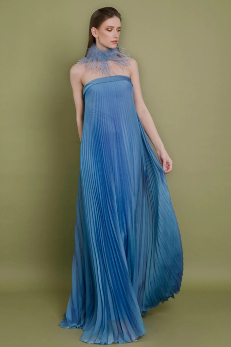 Fully Pleated Strapless Chiffon Gown