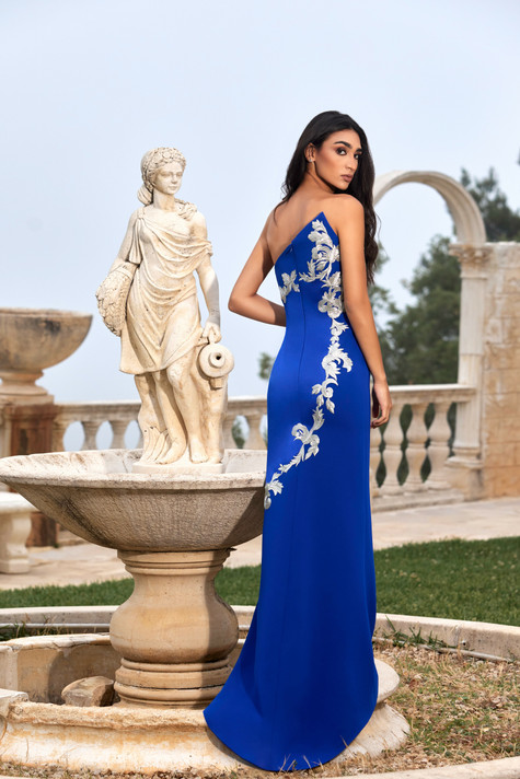 Embroidered Crepe Strapless Gown