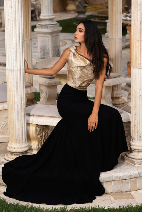 Draped Brocade and Crepe Gown