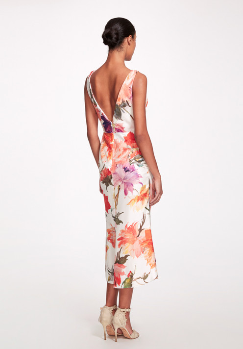 Floral Print Silk Twill Drape Cocktail Dress