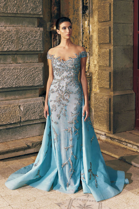 Embroidered Tulle Gown with Overskirt