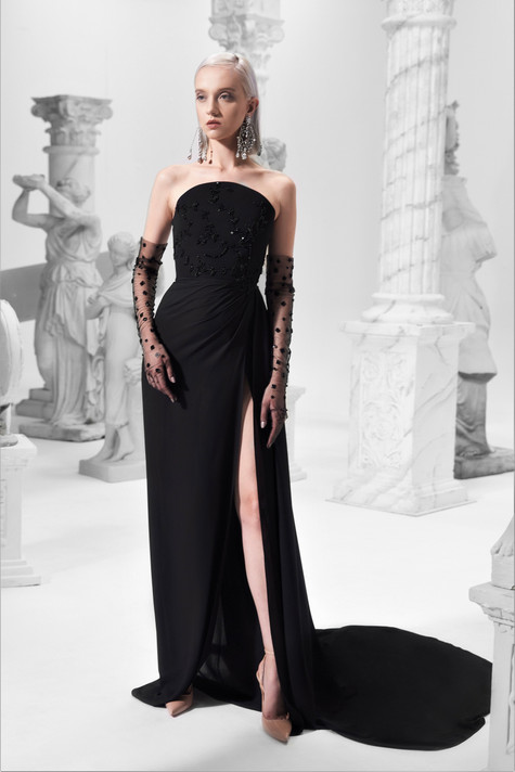 Strapless Slit Gown with Sweeping Train