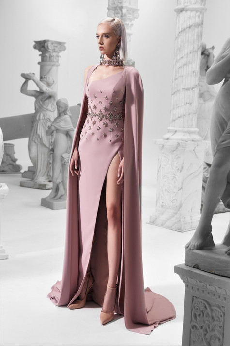 One Shoulder Gown with Sweeping Cape