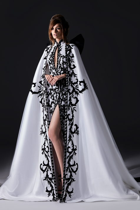 Sleeveless Beaded Slit Gown with Cape