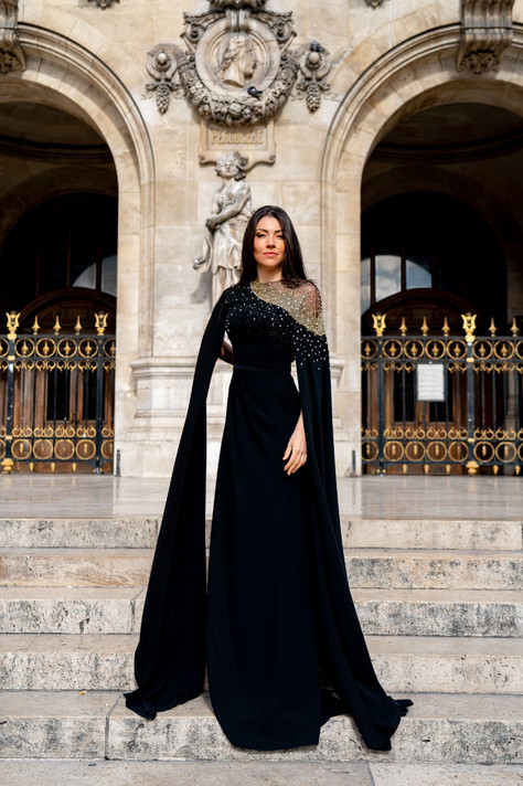 Crepe and Embroidered Cape Sleeve Gown