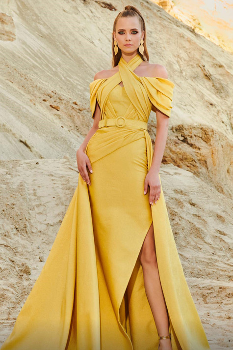 Pleated Halter Neck Slit Gown