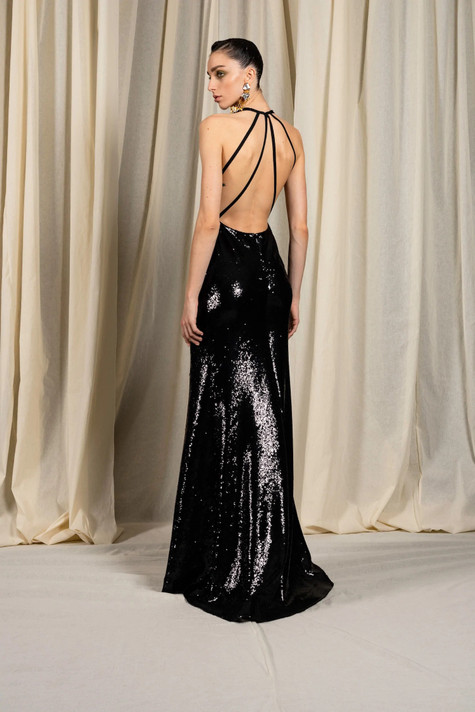 Sequin Deep V-Neck Gown