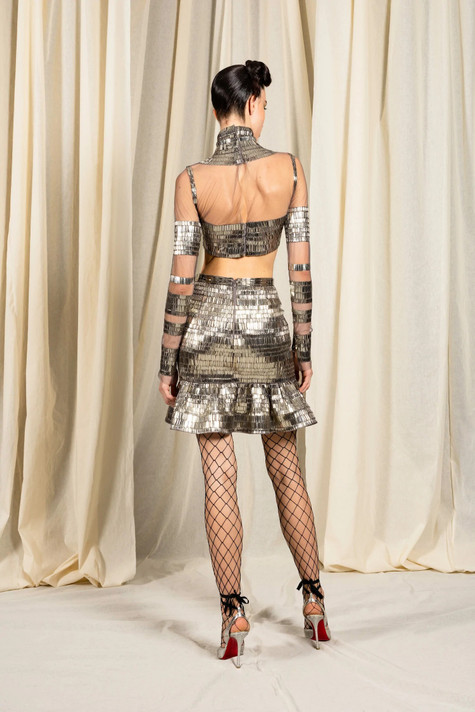 Metallic Sequin Long-Sleeve Mini Dress