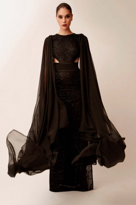 Sequin Cut-Out Cape Sleeve Gown