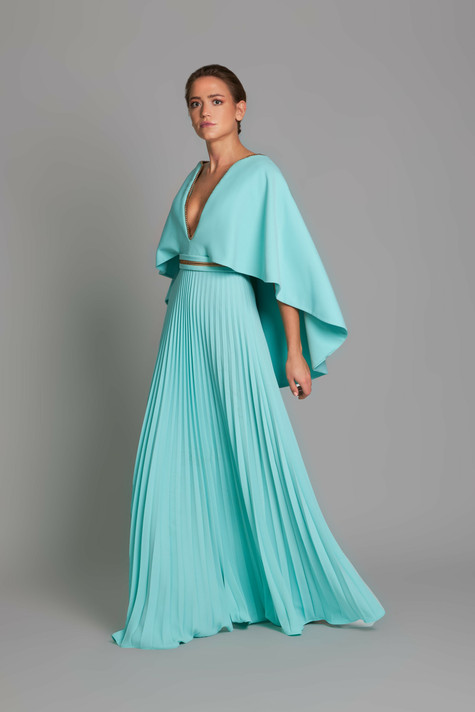 Plunging Neck Cape Sleeve Pleated Gown