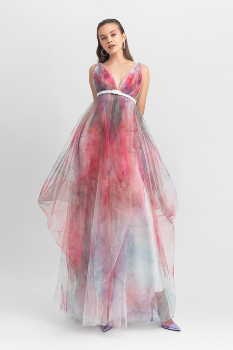 Printed Tulle Gown