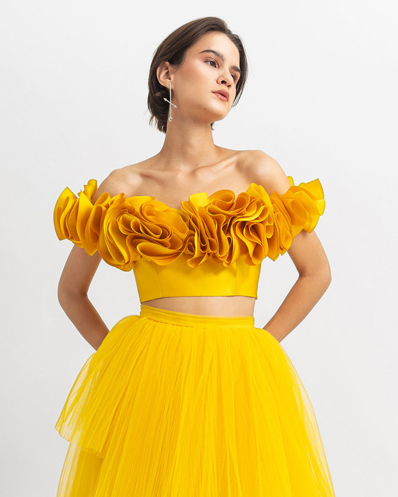 Ruffled Off Shoulder Corset Tulle Gown