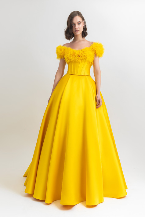 Ruffled Off Shoulder Satin Gown