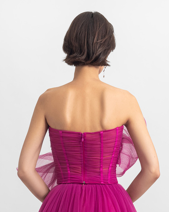 Strapless Pleated Gown with Bow Detail