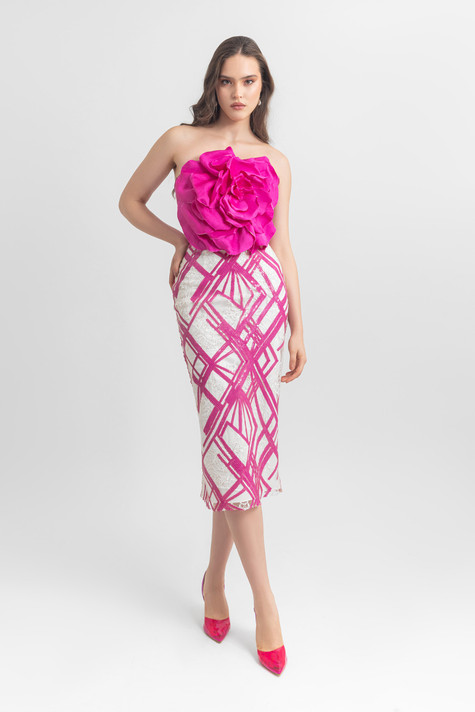 Strapless Floral Sequin Pencil-Cut Midi Dress