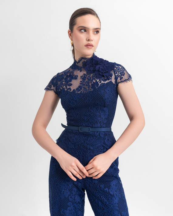 High Neck Lace Top and Angle-Length Pants